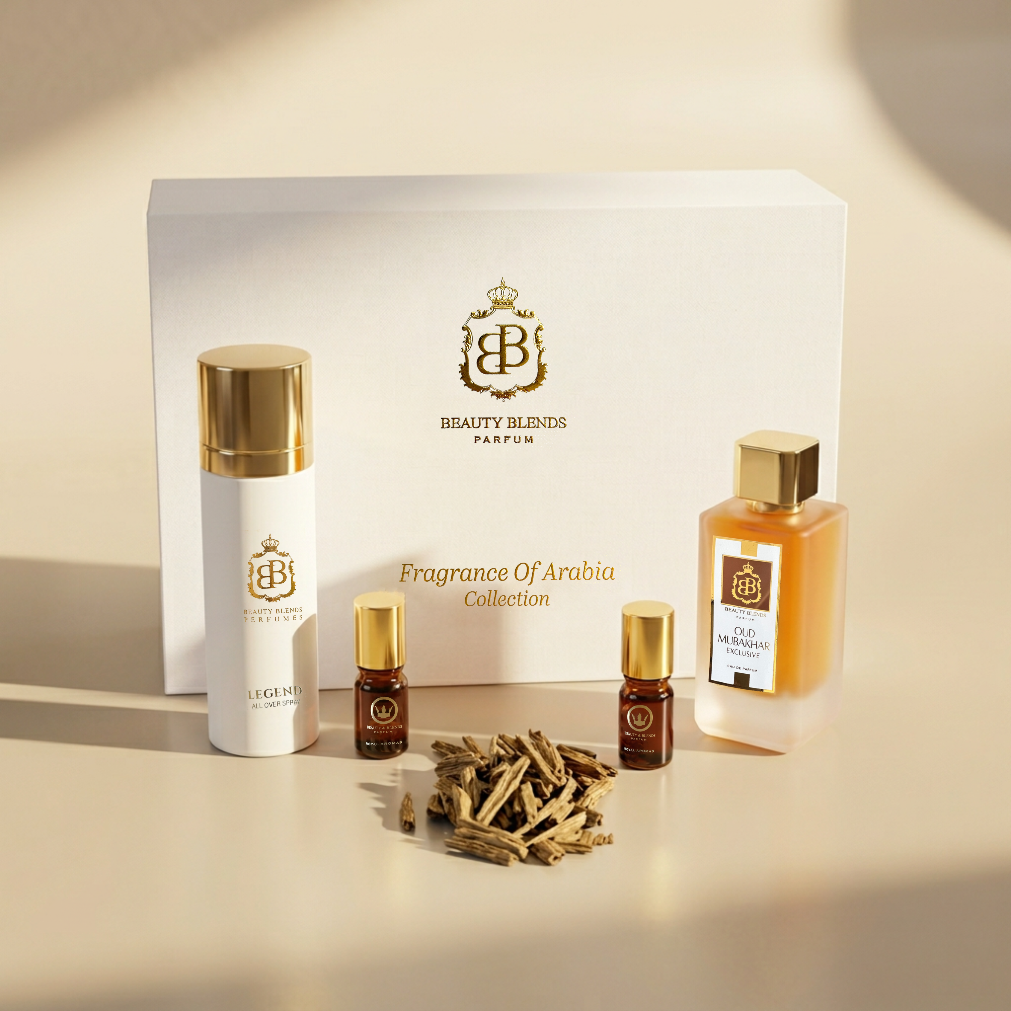 Beauty Blends Parfum collection with bottles and packaging on a beige background